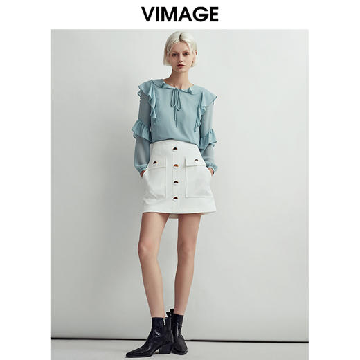 VIMAGE纬漫纪时尚洋气系带荷叶边装饰雪纺衫上衣女V1413004D 商品图1