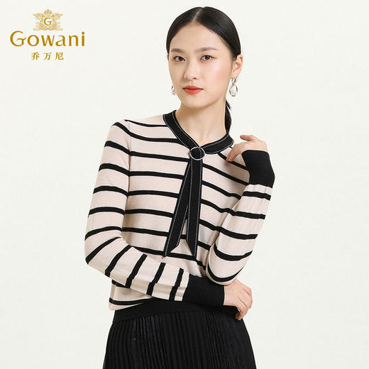 乔万尼新款针织上衣经典条纹领结设计俏皮舒适休闲风羊毛衫ES3M601 商品图1
