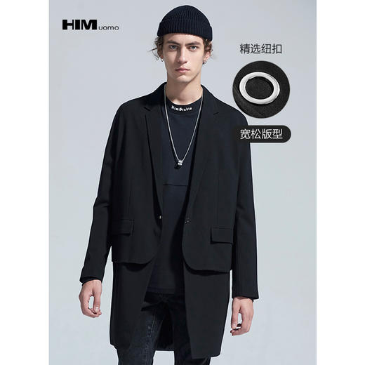 HIM漢崇 男装宽松秋季西装领外套时尚潮流假两件中长款男风衣 商品图0