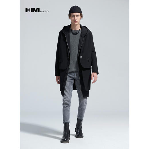 HIM漢崇 男装宽松秋季西装领外套时尚潮流假两件中长款男风衣 商品图1
