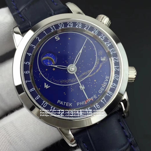 百达翡丽星空升级终极版6102款｜6104款超级复杂功能系列。日内瓦苍穹系列你可想象把星空佩戴在腕上吗？这款星空腕表独具特别星象功能，蓝色圆表盘上就能欣赏日内瓦苍穹图，还有金色月球运行轨迹 商品图14