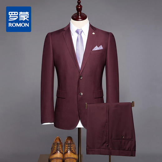 【明星款】罗蒙男士西服套装正装商务职业装新郎结婚礼服酒红色西装套装两件套 商品图1