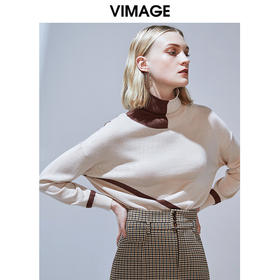 VIMAGE纬漫纪秋季新款时尚撞色宽松显瘦高领毛衣套头女上衣V1401010