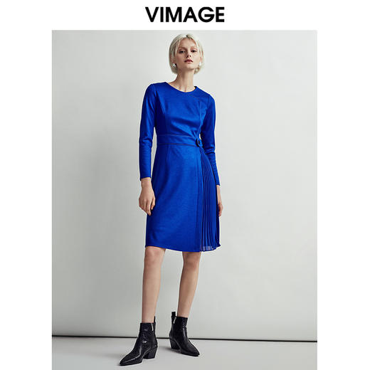 VIMAGE纬漫纪秋季新款高级纯色百搭显瘦气质收腰连衣裙女裙V1407014D 商品图1