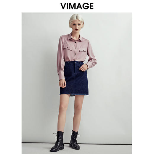VIMAGE纬漫纪复古灯笼袖时尚百搭显瘦干练通勤衬衫女V1409006D 商品图1