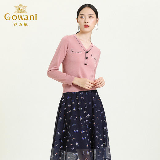 乔万尼秋新款针织V领显瘦小衫百搭舒适休闲气质优雅套头上衣ES3M603 商品图1