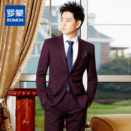 【明星款】罗蒙男士西服套装正装商务职业装新郎结婚礼服酒红色西装套装两件套 商品图0