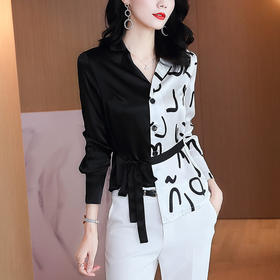 MQQ-AB437526DCX缎面黑白色上衣西装领系带收腰显瘦不规则设计感衬衫