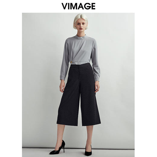 VIMAGE纬漫纪时尚通勤显瘦条纹百搭简约阔腿七分裤女V1405001D 商品图1