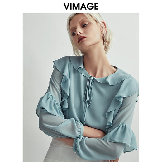 VIMAGE纬漫纪时尚洋气系带荷叶边装饰雪纺衫上衣女V1413004D 商品图2
