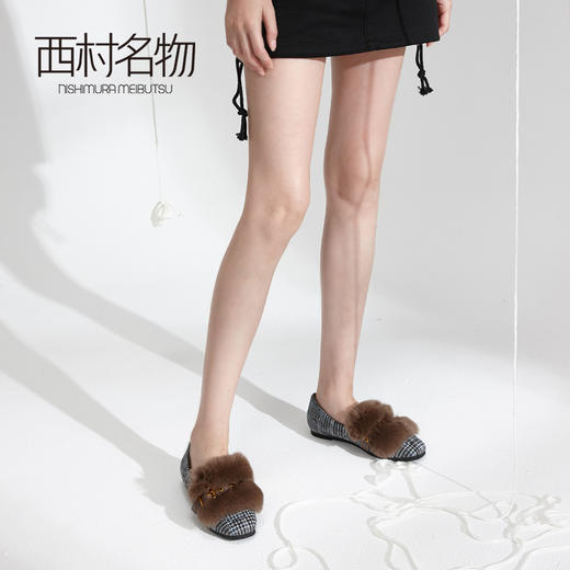 西村名物毛毛鞋女冬季新款复古格子单鞋加绒保暖鞋X29CM34121 商品图2