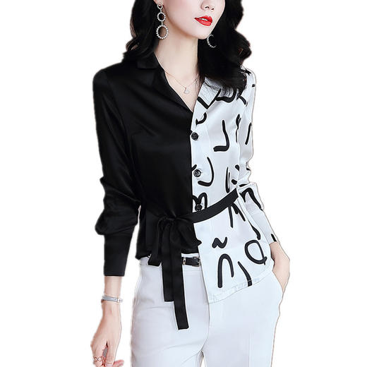MQQ-AB437526DCX缎面黑白色上衣西装领系带收腰显瘦不规则设计感衬衫 商品图4