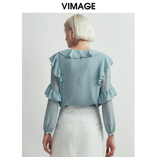 VIMAGE纬漫纪时尚洋气系带荷叶边装饰雪纺衫上衣女V1413004D 商品图3