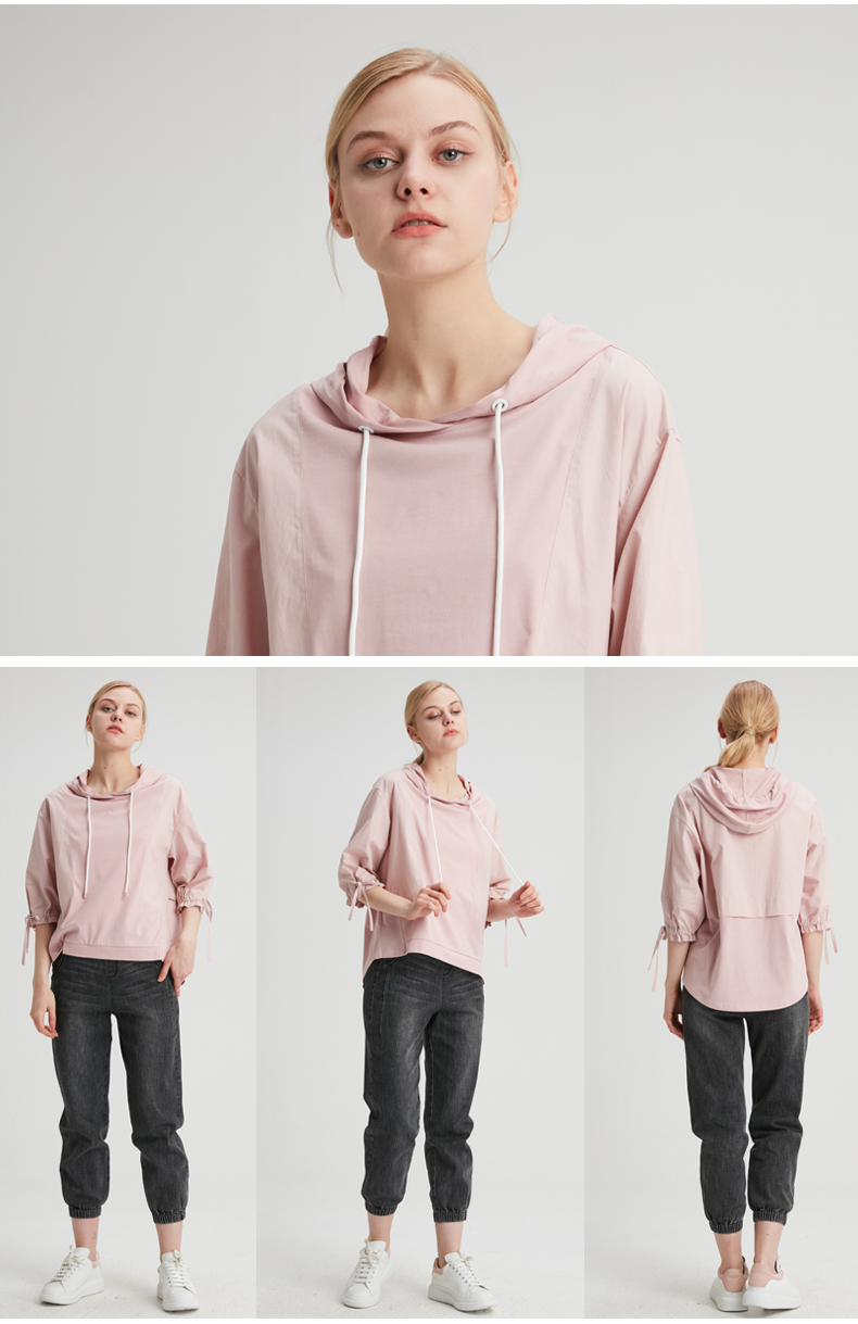 水淼2020秋装新款大码女装胖mm宽松显瘦遮肚藏肉中袖连帽t恤7476