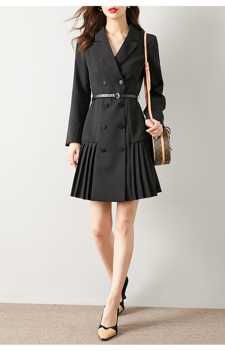 沫晗依美春季新品时尚通勤气质显瘦女式褶皱拼接西装式连衣裙