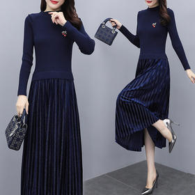 MQQ-A142C563长款气质收腰显瘦针织百褶打底连衣裙