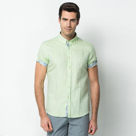 Marco Azzali 黄绿色棉麻面料短袖衬衫 C3653700