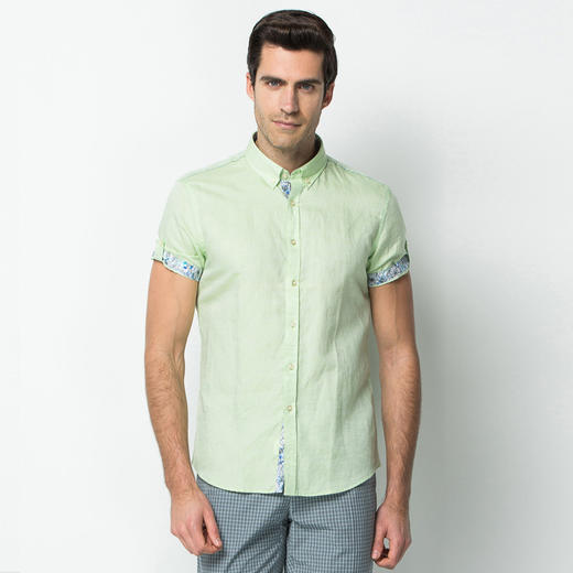 Marco Azzali 黄绿色棉麻面料短袖衬衫 C3653700 商品图0