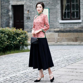 C-0321 女装旗袍裙套装气质时尚潮流修身九分袖长裙套装舒适印花旗袍裙