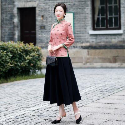 C-0321 女装旗袍裙套装气质时尚潮流修身九分袖长裙套装舒适印花旗袍裙 商品图0