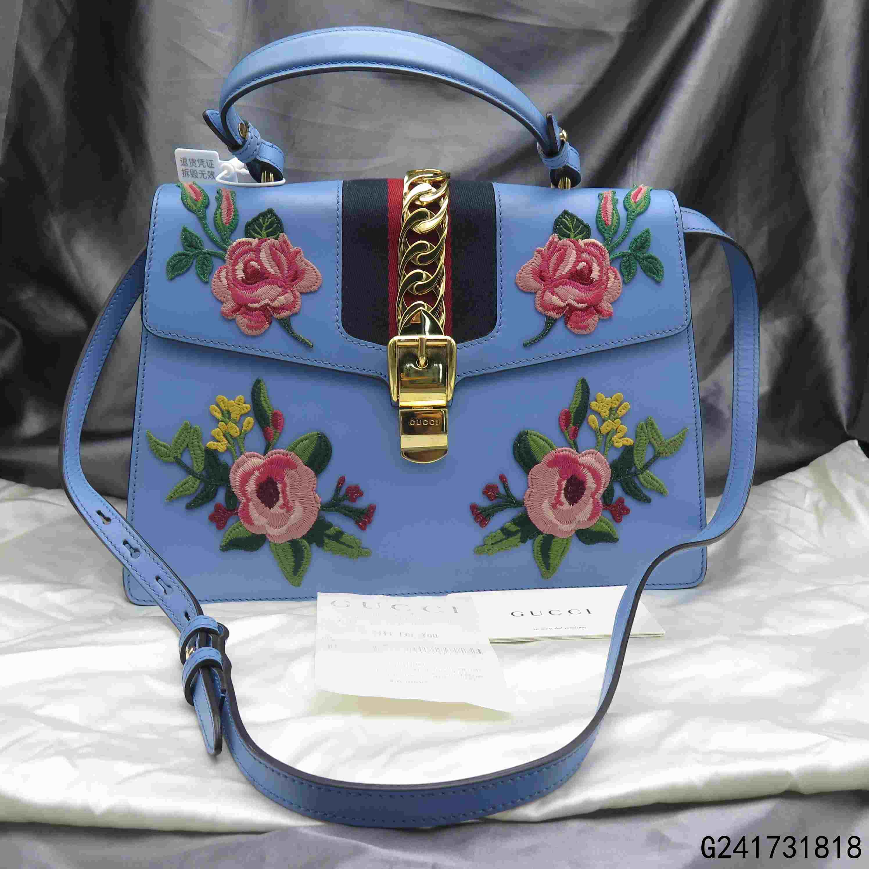 【二手9新】古驰包袋 sylvie系列大号限量版刺绣肩背包