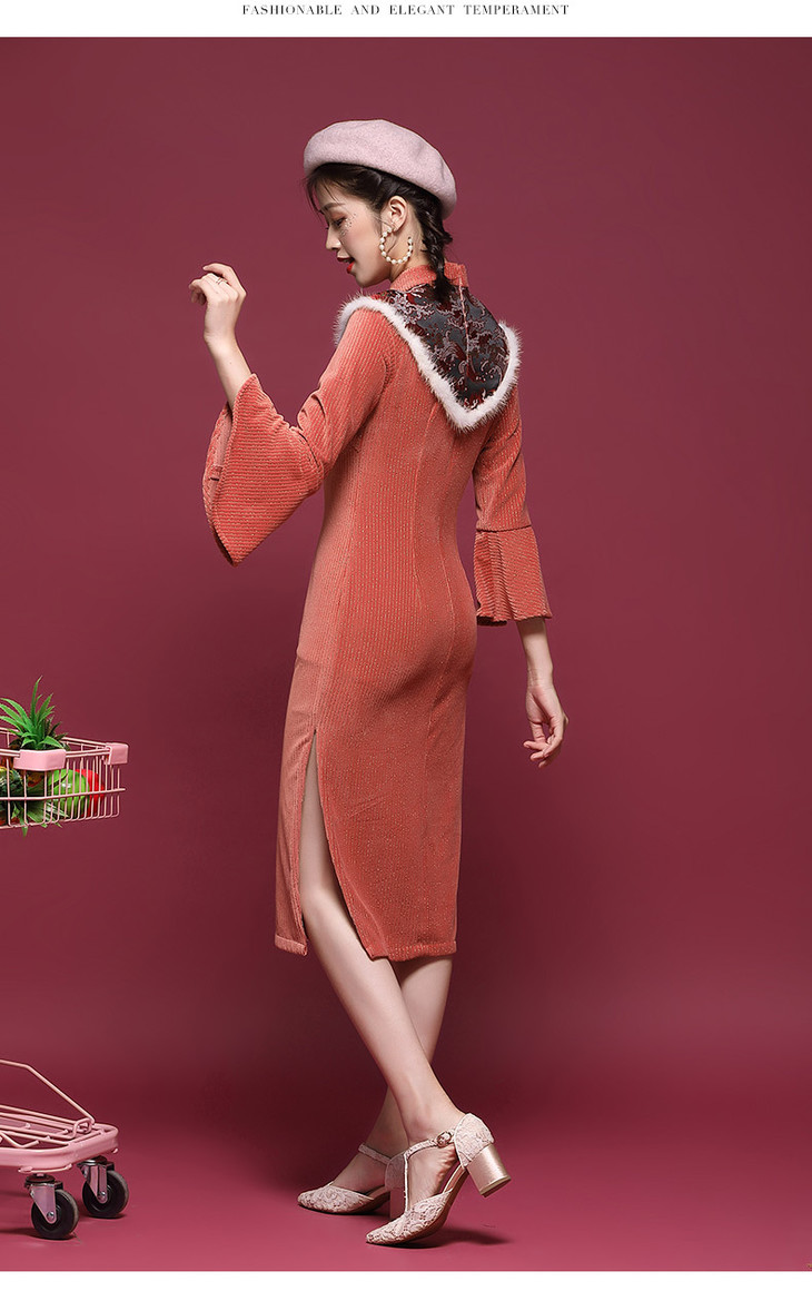 oycp20216新款复古喇叭袖旗袍tzf