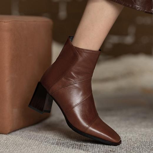 MYL-8231法式复古棕色短靴女粗跟秋冬方头头层牛皮时装靴中跟女靴 商品图0
