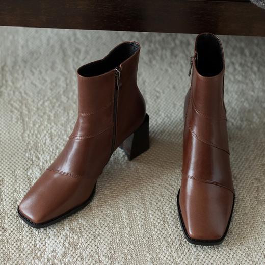 MYL-8231法式复古棕色短靴女粗跟秋冬方头头层牛皮时装靴中跟女靴 商品图4