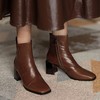 MYL-8231法式复古棕色短靴女粗跟秋冬方头头层牛皮时装靴中跟女靴 商品缩略图1