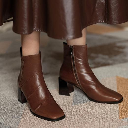 MYL-8231法式复古棕色短靴女粗跟秋冬方头头层牛皮时装靴中跟女靴 商品图1