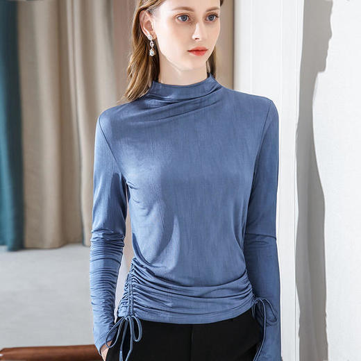 侧边抽绳褶皱设计感半高领打底上衣sgal301279