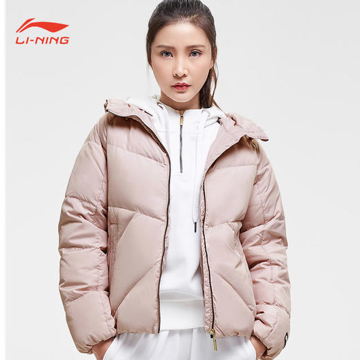 李宁羽绒服女冬修身短款连帽轻便保暖舒适白鸭绒运动外套aymn056