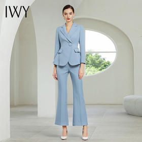 IWY/浅蓝色长袖西装长微喇裤套装203181C1+P2