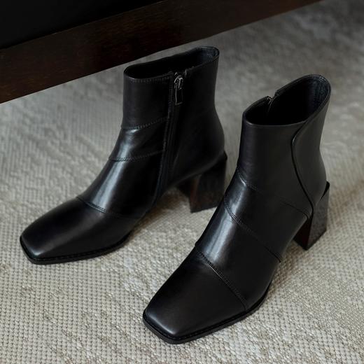 MYL-8231法式复古棕色短靴女粗跟秋冬方头头层牛皮时装靴中跟女靴 商品图3