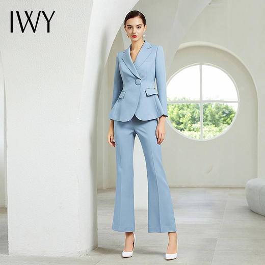 IWY/浅蓝色长袖西装长微喇裤套装203181C1+P2 商品图3