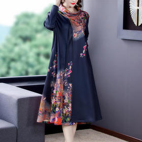 NYL-098812假两件中长款连衣裙2020秋冬新款韩版高领印花宽松大码遮肚中长款