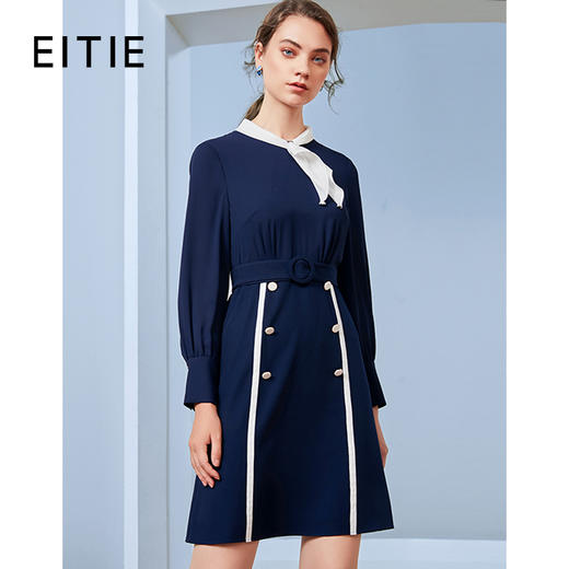 EITIE爱特爱秋季新款复古飘带气质通勤收腰显瘦A字连衣裙女裙C2007592 商品图0