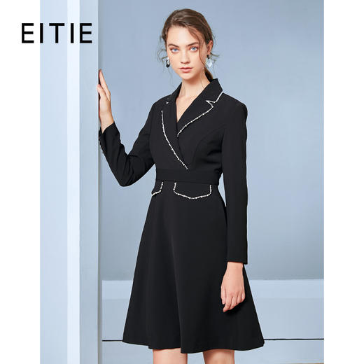 EITIE爱特爱新款气质通勤珍珠装饰翻领收腰显瘦连衣裙女C20075116 商品图0