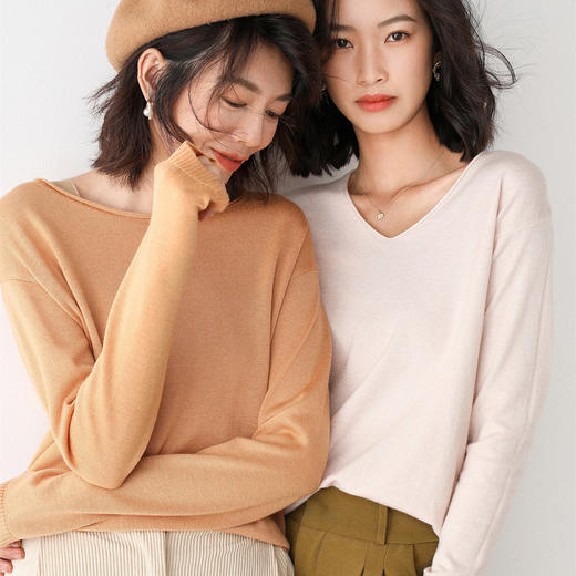 【89元任选两件】 V领圆领显瘦长袖针织衫 不挑年龄百搭外穿打底衫 春秋冬可穿 细透舒柔 日常通勤 商品图0