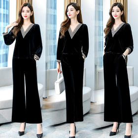 WZNH-OLBN2091秋季新款时尚V领上衣阔腿裤套装