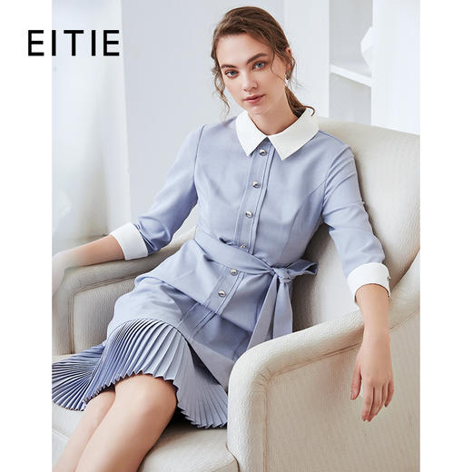 EITIE爱特爱秋季新款通勤百搭简约翻领收腰A字百褶连衣裙女裙C2007548 商品图0