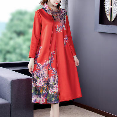 NYL-098812假两件中长款连衣裙2020秋冬新款韩版高领印花宽松大码遮肚中长款 商品图3