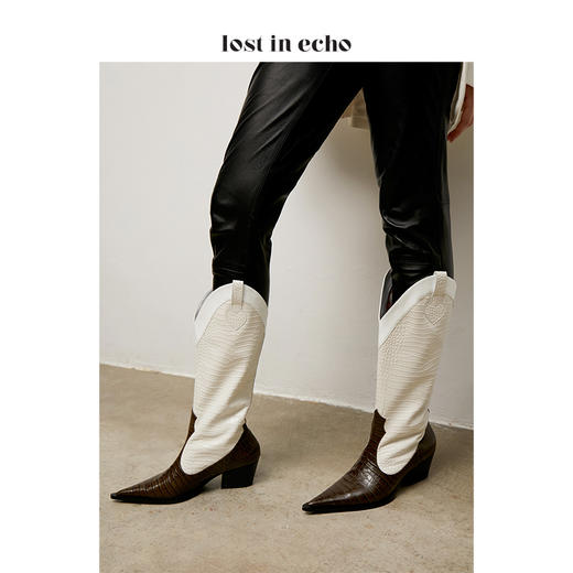 lost in echo 原创设计师品牌 尖头牛皮拼接西部中高筒靴 商品图5