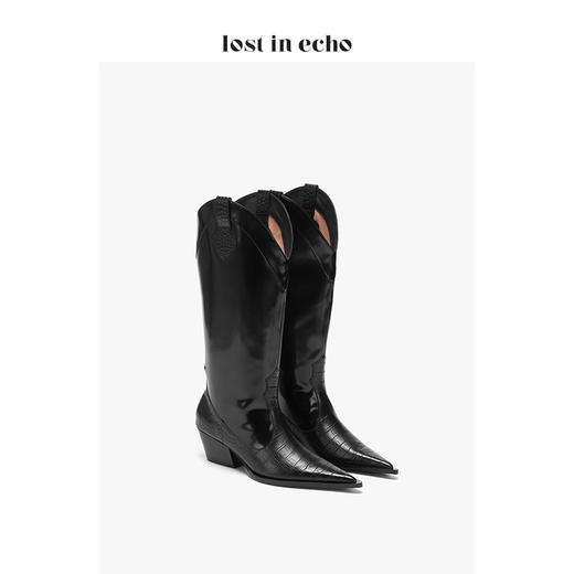 lost in echo 原创设计师品牌 尖头牛皮拼接西部中高筒靴 商品图1