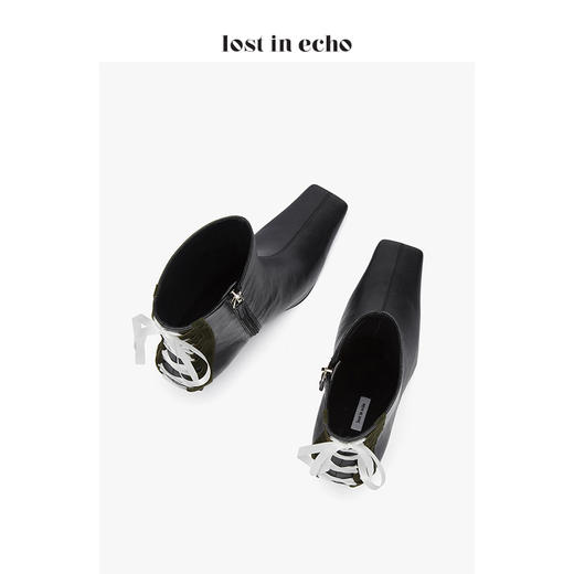 【微瑕疵不退不换】lost in echo 设计师原创 鸭嘴方头后绑带高跟短靴 黑色 商品图3