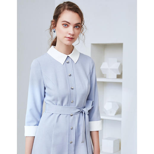 EITIE爱特爱秋季新款通勤百搭简约翻领收腰A字百褶连衣裙女裙C2007548 商品图2