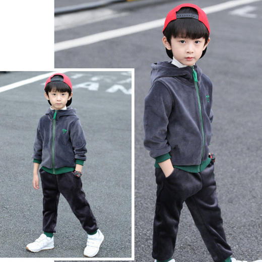 PDD-童装2020新款男童双面绒两件套装儿童韩版连帽加绒卫衣 商品图3