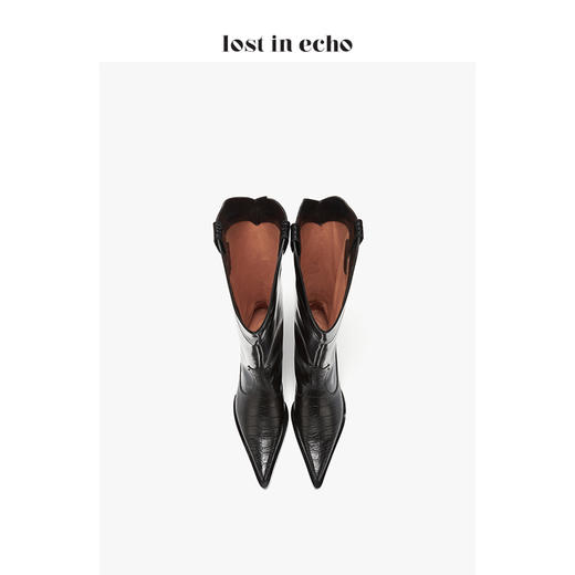lost in echo 原创设计师品牌 尖头牛皮拼接西部中高筒靴 商品图3