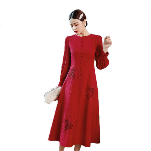 OG-99253秋季轻奢女装法式复古刺绣灯笼袖礼服连衣裙 商品图4