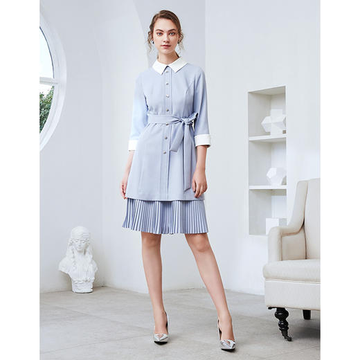 EITIE爱特爱秋季新款通勤百搭简约翻领收腰A字百褶连衣裙女裙C2007548 商品图1